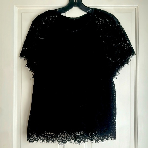 J.Crew French Lace Top/Blouse. Hook/eye front. Shortsleeved. Lined. M. Black - Picture 1 of 5